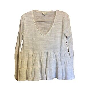 Deletta Anthropologie Womens Size XS Ivory Shirred Tiered Blouse Scoop Neck Top